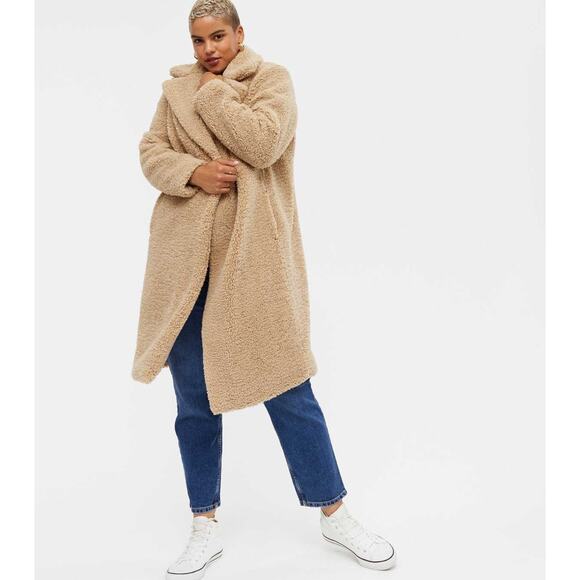 New Look Curves Camel Cozy Teddy Sherpa Long Coat Plus Size 16 Winter Beige - Picture 2 of 7